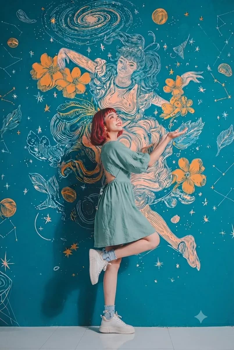 Artist portrait in front of a colorful mural