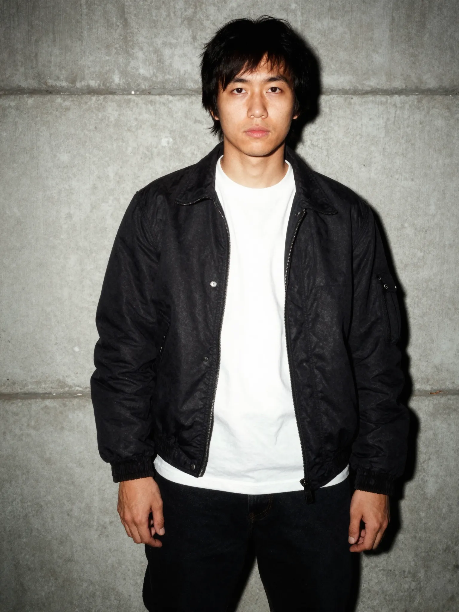Candid high-contrast fashion portrait with harsh direct flash, 35mm film grain, and gritty 90s lo-fi aesthetic.