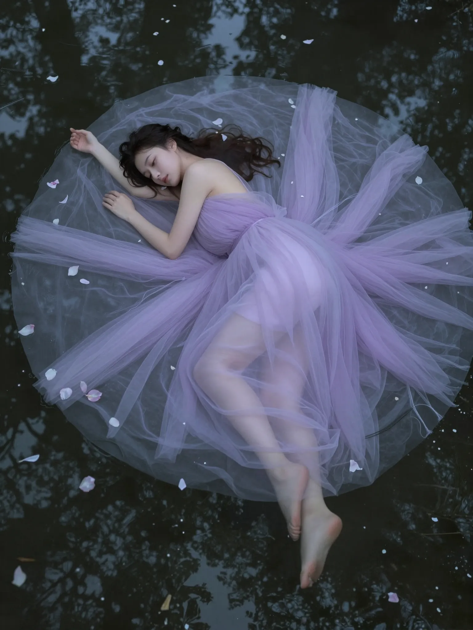 Cinematic overhead shot of a woman in a lavender tulle gown floating in a dark reflective pond surrounded by flower petals.