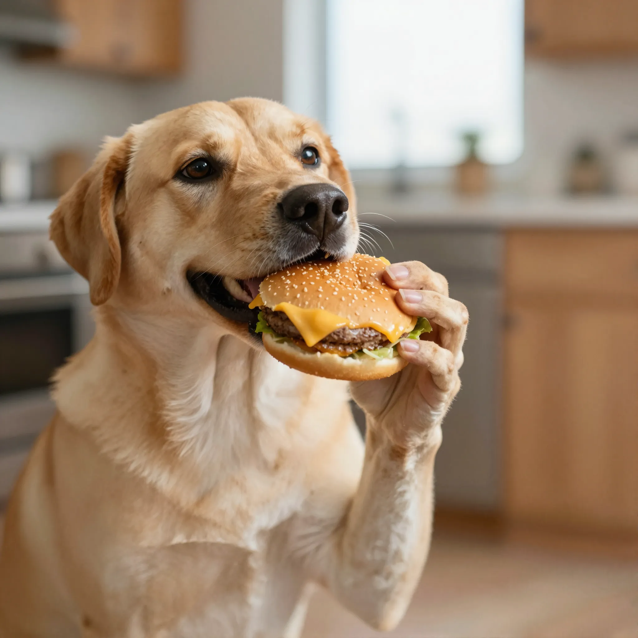 Close-up of a happy tan dog holding a cheeseburger with natural lighting and shallow depth of field.