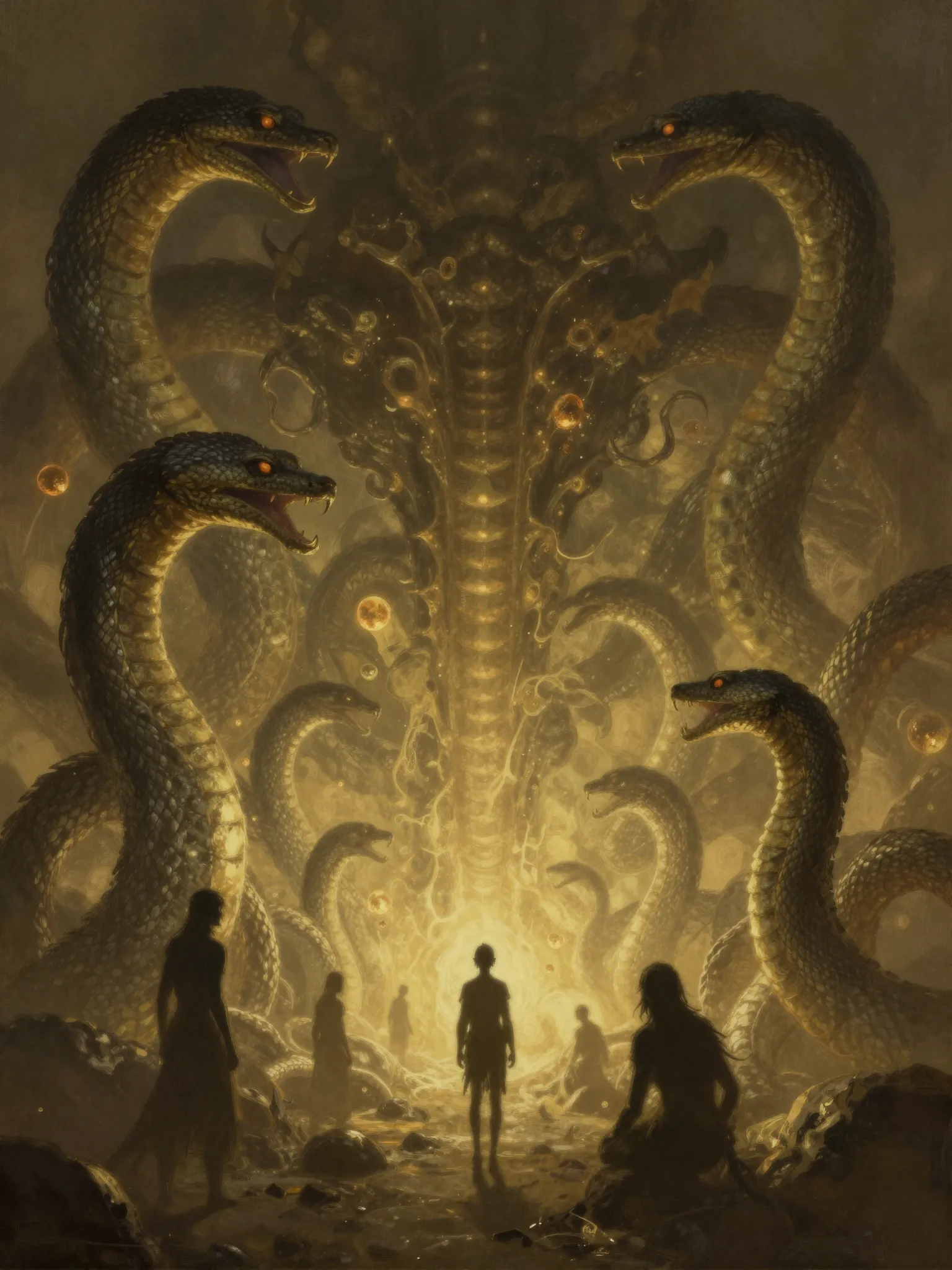 Dark fantasy concept art with a tiny human silhouette surrounded by colossal eldritch serpents and volumetric amber lighting.