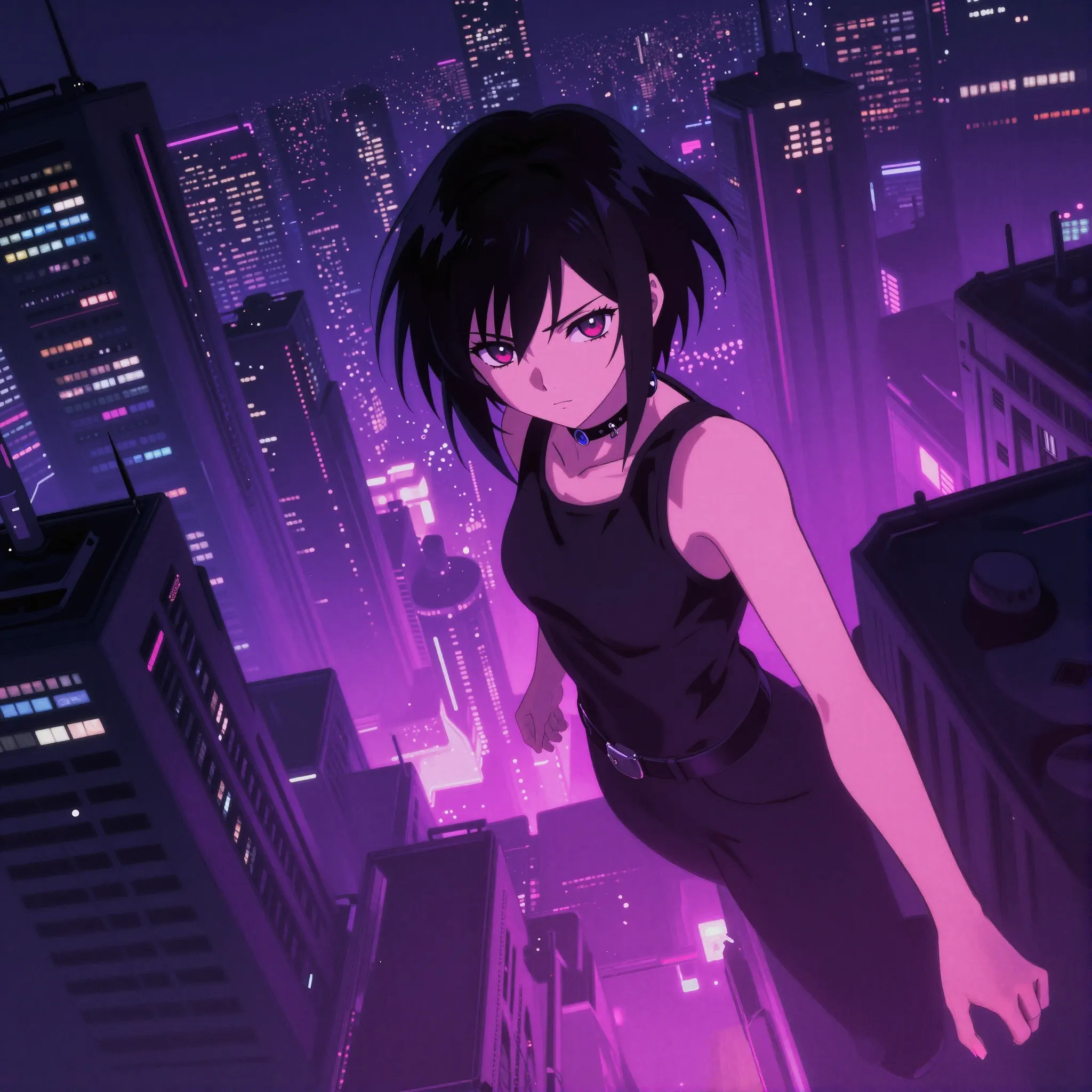 Cinematic anime art with synthwave neon lighting, worm's-eye view, and high-contrast purple and pink palette.