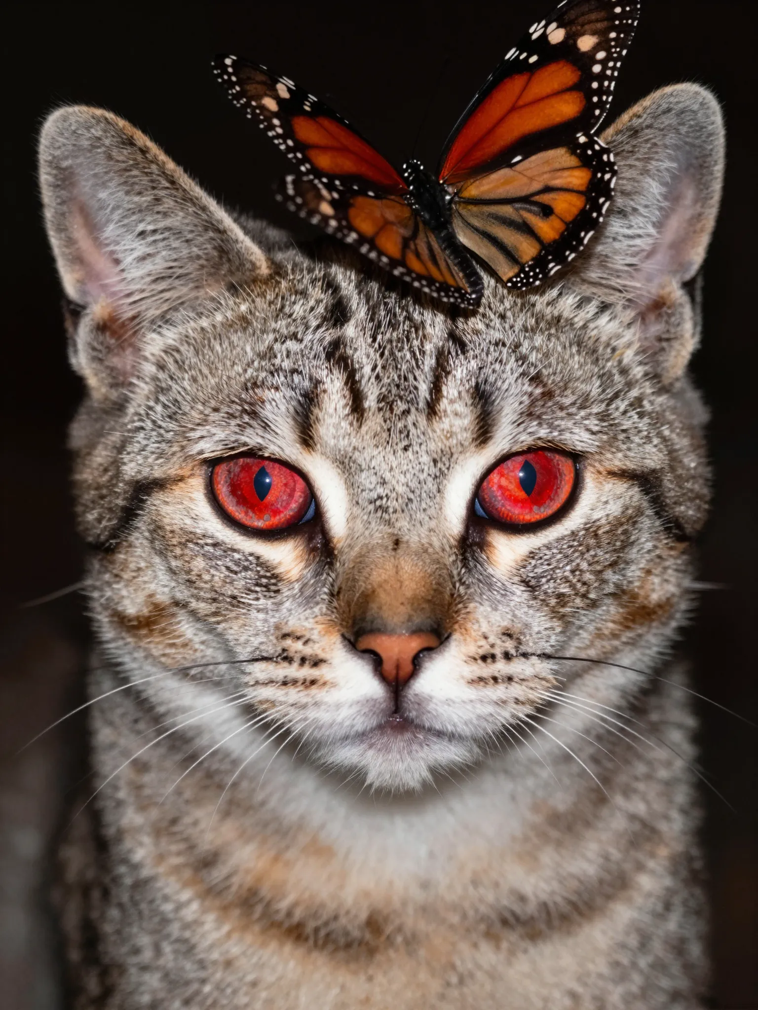 Close-up portrait of a cat with glowing red eyes from camera flash and a Monarch butterfly on its head.