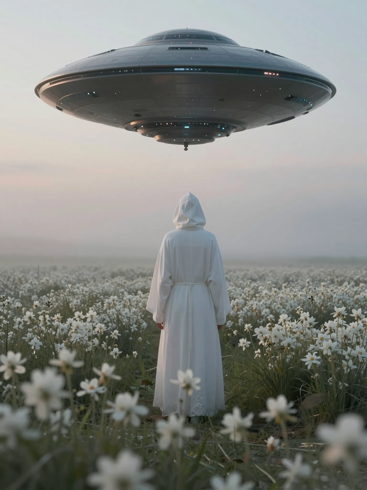 Surreal cinematic scene of a lone figure in a white hooded robe facing a hovering futuristic UFO in a field of white flowers.
