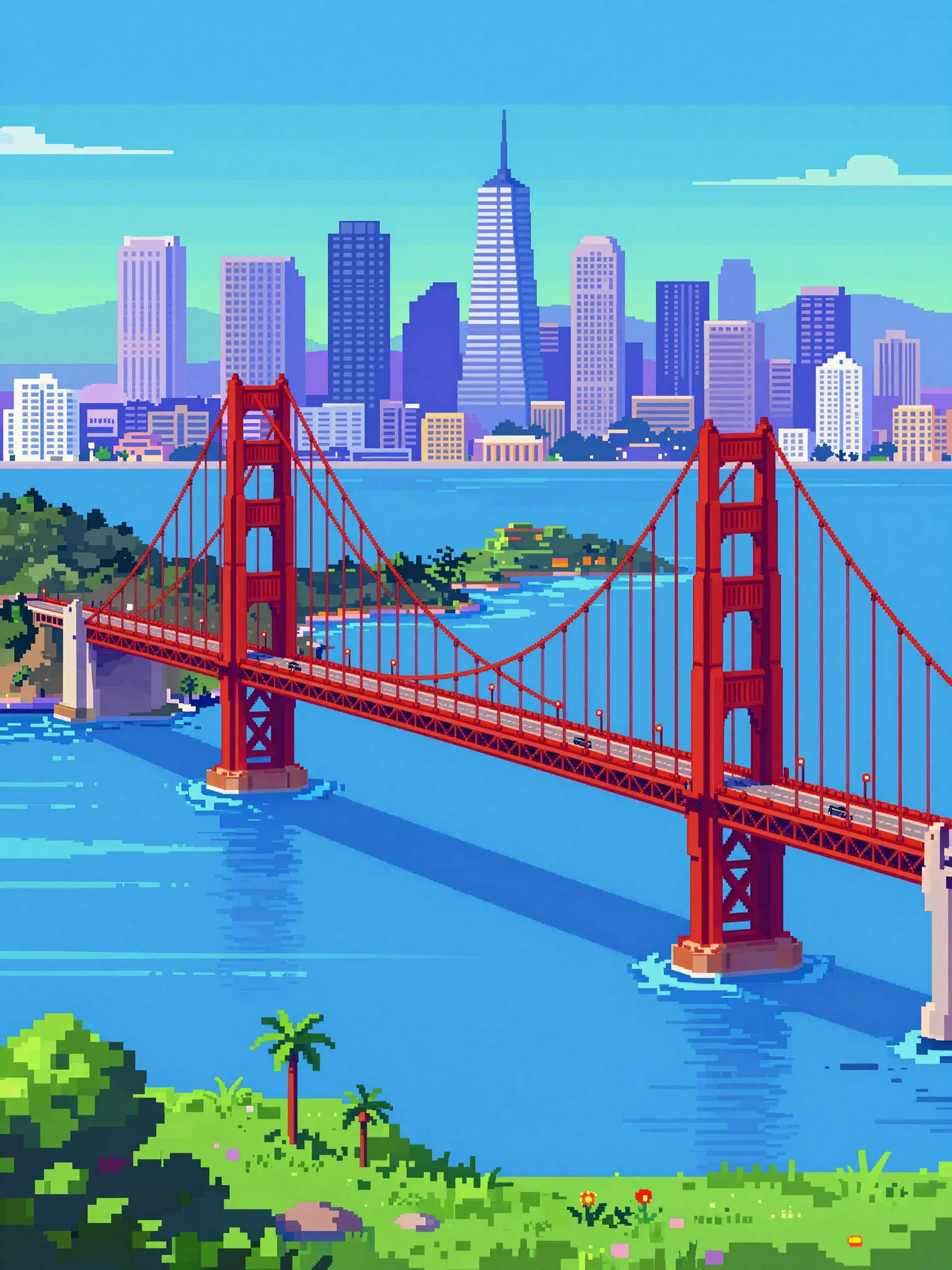 16-bit pixel art illustration of San Francisco featuring Golden Gate Bridge, skyline, and retro video game aesthetic.