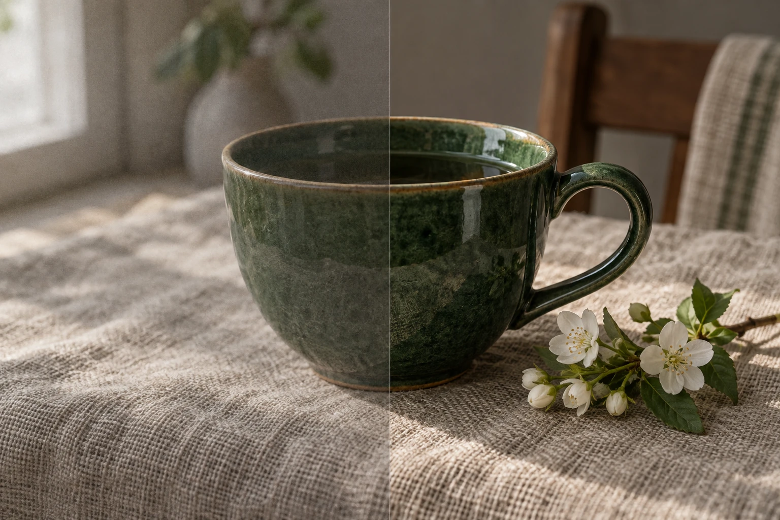 Illustrative cup detail study with softer grainy areas on the left and more defined cup edges and fabric texture on the right